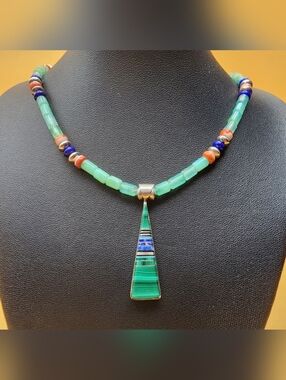 Handmade Green Beaded Necklace with Inlaid Pendant